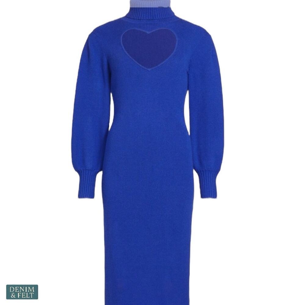 Farm Rio Bright Blue Ribbed Knit Heart Cutout‎ Turtleneck Sweater Midi Dress NEW - Picture 2 of 16